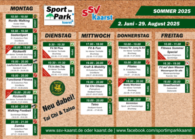 Sport im Park - wir bieten Tai Chi im Juli und Taiso im August an! Zeitplan Sport im Park Angebote